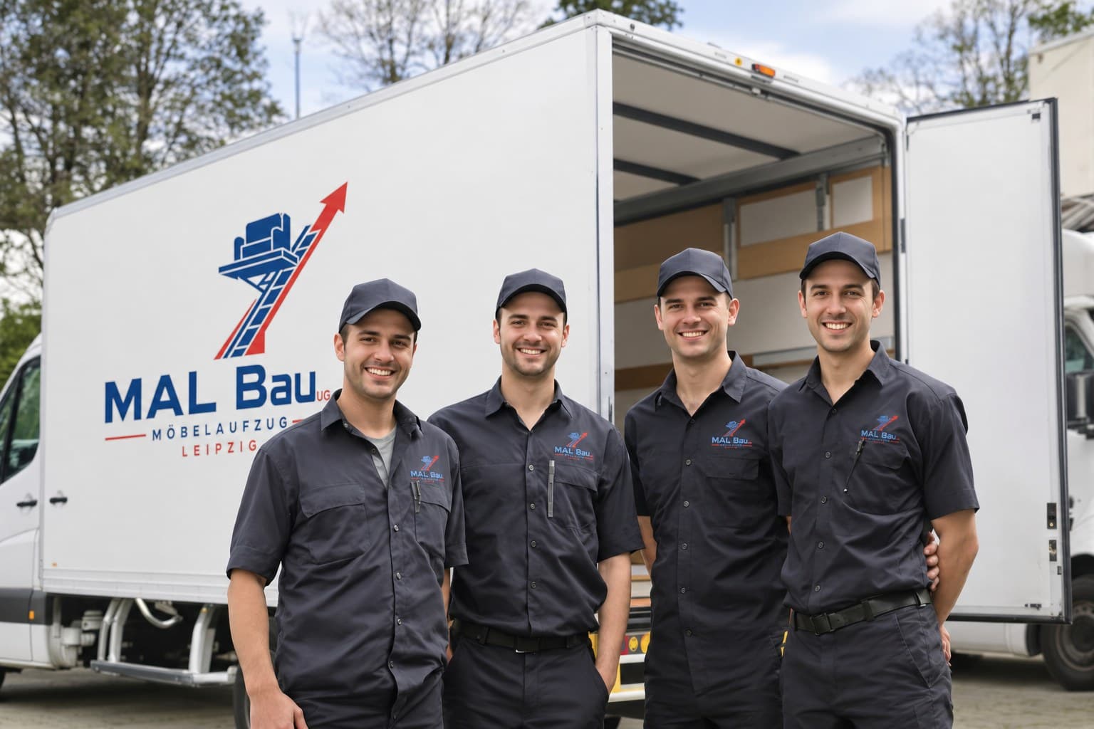 Das MAL Bau Team vor dem Möbelaufzug-LKW in Leipzig