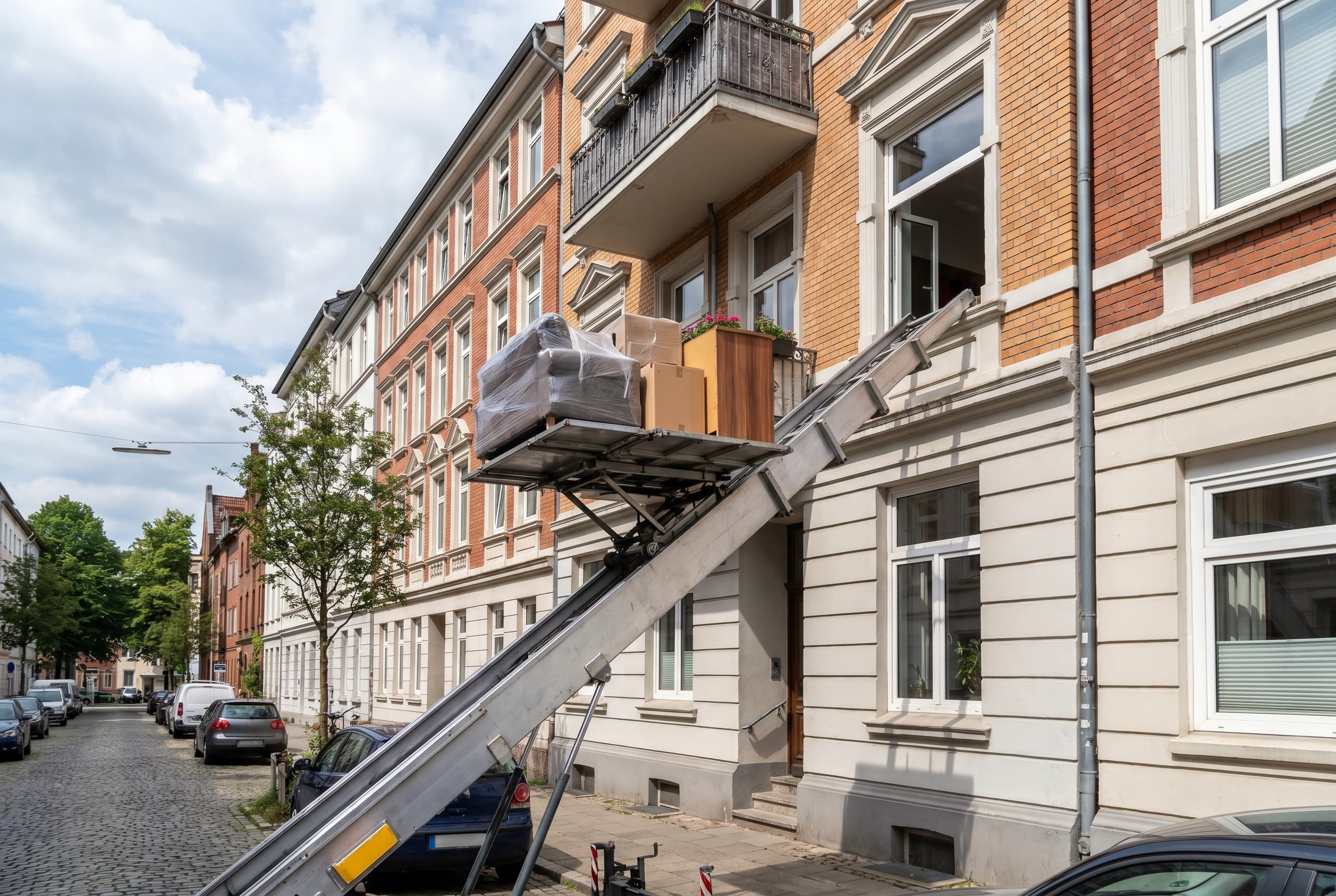 Möbelaufzug im Einsatz an einem Mehrfamilienhaus in Leipzig